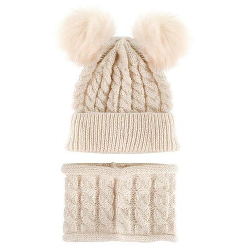 Kids Boy Girl Pom Hat Kit Winter Warm Knit Bobble Beanie Cap Scarf Set with Two Pompom,Beige NO5112