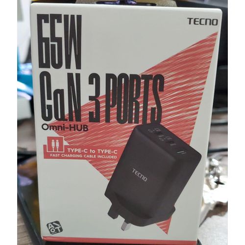 Tecno U60T 65W GaN 3 Ports Omni Fast Charger- Black/ White