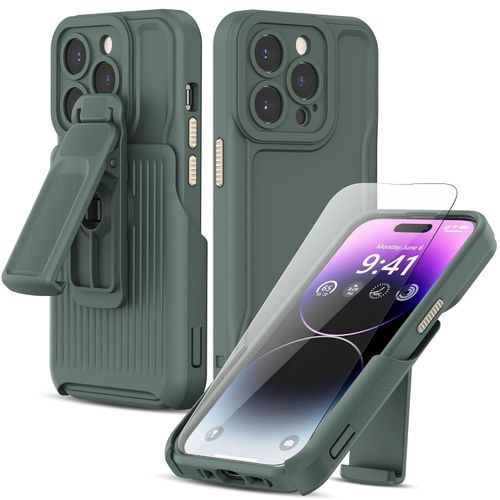IPhone 15 14 13 12 11 Pro Max Case,Dual-Layer Silicone+PC Enhanced Four Corners Anti-Drop Shock Absorption Cover With 360&deg; Rotatable Durable Back Clip Holster Military Shockproof Case-Green
