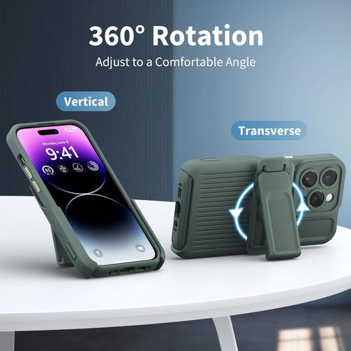 IPhone 15 14 13 12 11 Pro Max Case,Dual-Layer Silicone+PC Enhanced Four Corners Anti-Drop Shock Absorption Cover With 360&deg; Rotatable Durable Back Clip Holster Military Shockproof Case-Green