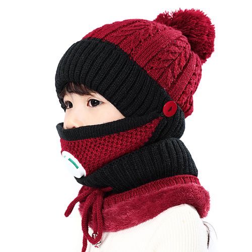 3 in 1 Kids Knitted Scarf Hat Face Guard Set with Breathing Valve Winter Warm Soft for Children Outdoor,Wine Red NO5111