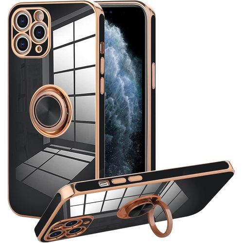 iPhone 11 12 13 Pro Max Case for Women Girls 6.5 Inch, Plating Built-in 360 Rotation Magnetic Ring Kickstand Holder Soft Slim Shockproof Bumper Protective Cover -Black