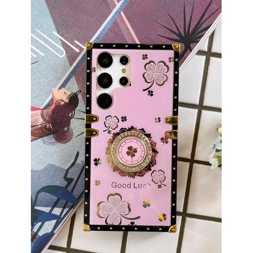 Samsung Galaxy S24 Ultra Case for Woman Girls Luxury Square Bling Diamond Glitter Soft TPU Trunk Cover with Finger Ring Grip Kickstand Phone Skin-Pink