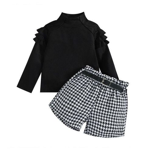 Fashion Clothes Set Long Sleeve Tops Houndstooth Pant Belt Outfit