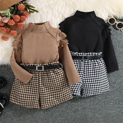 Fashion Clothes Set Long Sleeve Tops Houndstooth Pant Belt Outfit