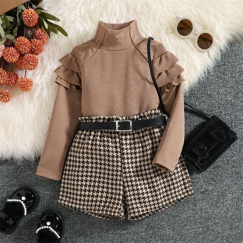Fashion Clothes Set Long Sleeve Tops Houndstooth Pant Belt Outfit