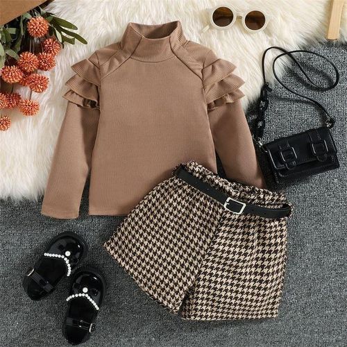 Fashion Clothes Set Long Sleeve Tops Houndstooth Pant Belt Outfit