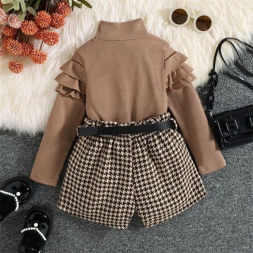 Fashion Clothes Set Long Sleeve Tops Houndstooth Pant Belt Outfit