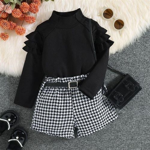 Fashion Clothes Set Long Sleeve Tops Houndstooth Pant Belt Outfit