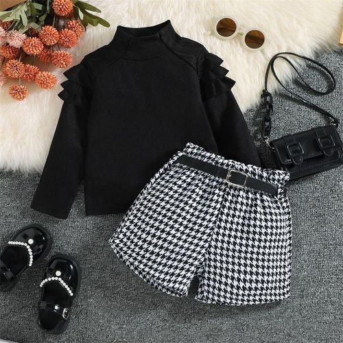 Fashion Clothes Set Long Sleeve Tops Houndstooth Pant Belt Outfit