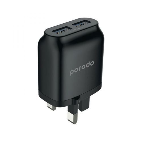 Porodo Dual Port Wall Charger Charging and ID 2.4A Fire-Proof Material- Black