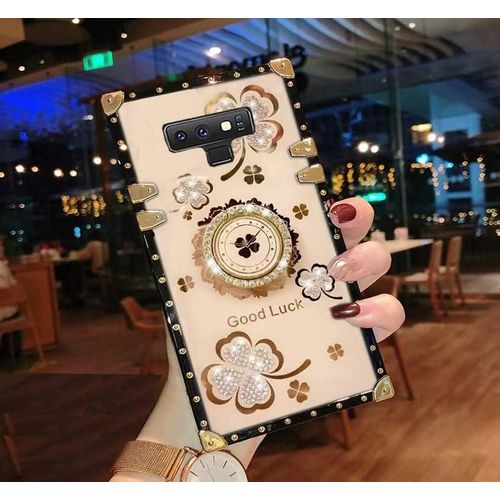 Samsung Galaxy Note 8, Note 9 Case for Woman Girls Luxury Square Bling Diamond Glitter Soft TPU Trunk Cover with Finger Ring Grip Kickstand Phone Skin-Gold