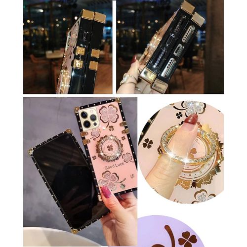 Samsung Galaxy Note 8, Note 9 Case for Woman Girls Luxury Square Bling Diamond Glitter Soft TPU Trunk Cover with Finger Ring Grip Kickstand Phone Skin-Gold