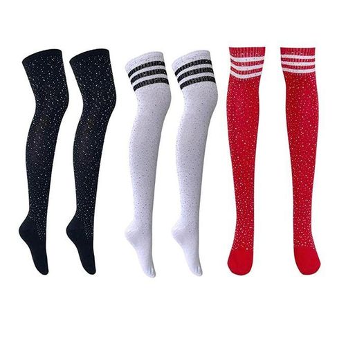 6pcs Womens  Rhinestone Over Knee High Socks Long Casual Stripe