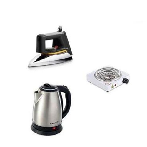 2L Electric Kettle, Dry Flat Iron & Single Coil Hotplate - Silver, Black