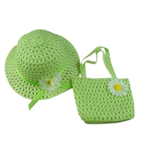 New Simple Fashion Summer Children Sun Flower Straw Hat And Handbag Hollow Girls Sunscreen Beach Cap Straws Weave Bag Set,Green NO5111