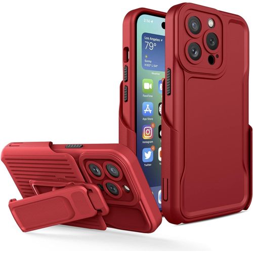 iPhone 15 Pro Max Case with Kickstand Belt Clip Holster Cover, iPhone 15 Pro Max Phone Case, Heavy Duty 3 Layers Shockproof Full Body Rugged Hybrid Case for iPhone 15 Pro Max 6.7"- Red