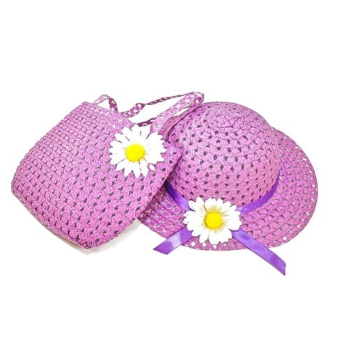 New Simple Fashion Summer Children Sun Flower Straw Hat And Handbag Hollow Girls Sunscreen Beach Cap Straws Weave Bag Set,Purple NO5112