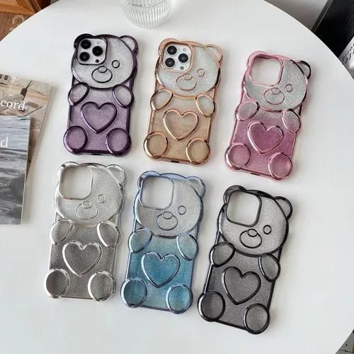 IPhone 15, 14, 13, 12, 11 Pro Max Electroplated Cute Bear Glitter Tablet Phone Case, Anti-knock Cover-Pink