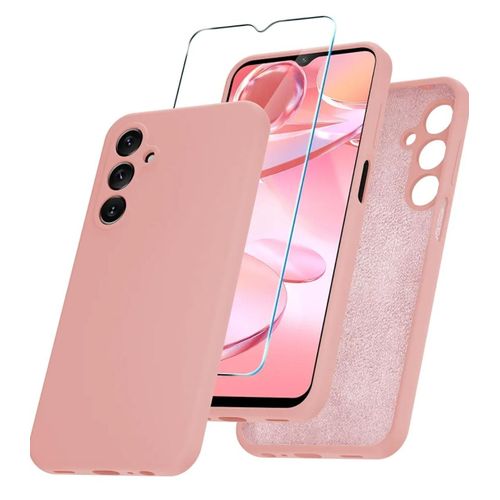 Samsung Galaxy A15 5G Luxury Soft Rubber Liquid Silicone Skin Touch Feel Cover Case With Screen Protector Pink
