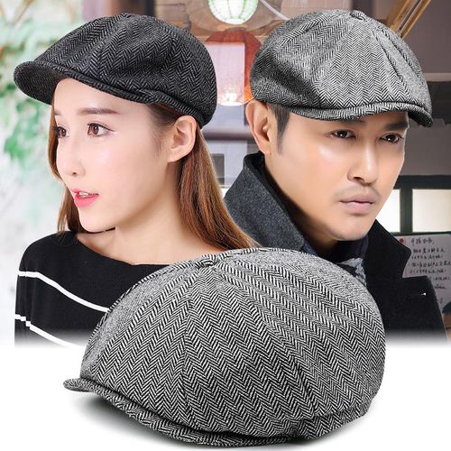 Autumn And Winter Warm Woolen Octagonal Hat Large Size Newsboy Hat Beret Large Head Circumference Peaked Cap Outdoor Men And Women Painter Hat Black And Dark Coffee Small Herringbone Pattern M(56-58CM) NO5115