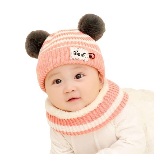 Baby Girls Boys Winter Hat Scarf Earflap Hood Scarves Wool Knitted Cap for 0-3 Years Old,Pink NO5111