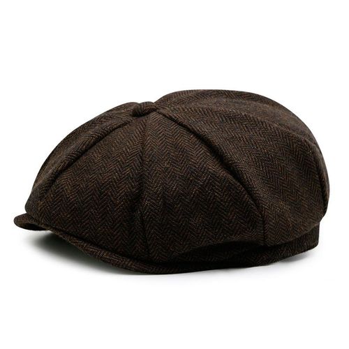 Autumn And Winter Warm Woolen Octagonal Hat Large Size Newsboy Hat Beret Large Head Circumference Peaked Cap Outdoor Men And Women Painter Hat Black And Dark Coffee Small Herringbone Pattern M(56-58CM) NO5116