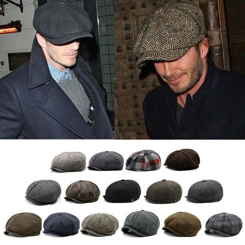 Autumn And Winter Warm Woolen Octagonal Hat Large Size Newsboy Hat Beret Large Head Circumference Peaked Cap Outdoor Men And Women Painter Hat Black And Dark Coffee Small Herringbone Pattern M(56-58CM) NO5116