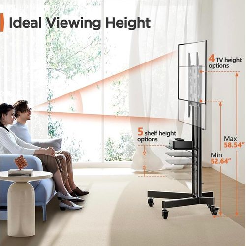 Rolling TV Stand for 32-85 Inch Screens up to 132 lbs, Height Adjustable Mobile TV Stand for LCD OLED 4K Flat/Curved Panels, TV Cart Outdoor TV Stand with Lockable Wheels -Black
