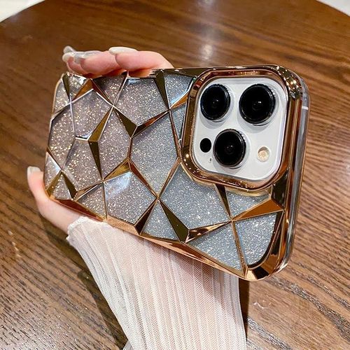 Apple IPhone 15 14 13 12 11 Pro Max Case (Transparent With Glitter Paper  Electroplated Cover For Women Girl Soft Bling Sparkling Cases-Gold