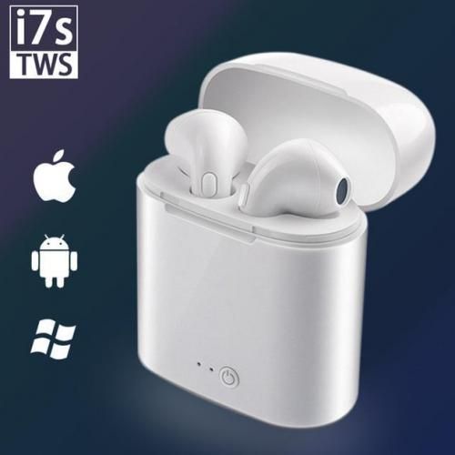 TWS i7s Earbuds True Wireless Bluetooth Headphones In-ear Music Earphone Hands-free with Charging Box Silicone Earphone Case Lanyard - White