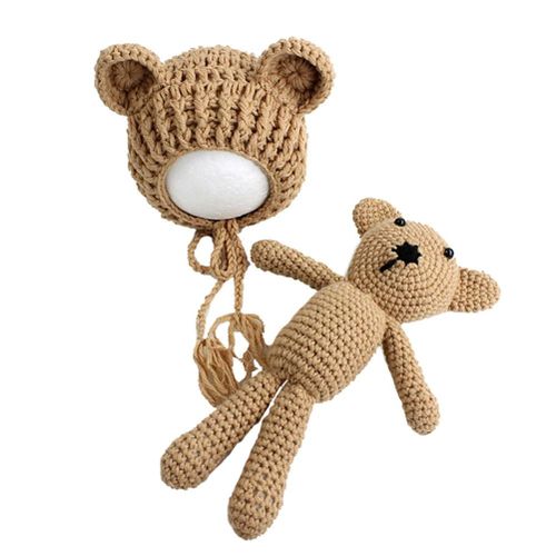 Photography Prop Weaving Hat Cap Bear Toy Crochet Knit For Newborn Baby Girl Boy New,Khaki NO5111