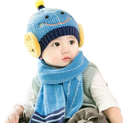 Baby Boys Girls Knitted Hat + Scarf Smile Face Winter Warm Beanie Cap Hats Scarf Set New,Blue NO5116