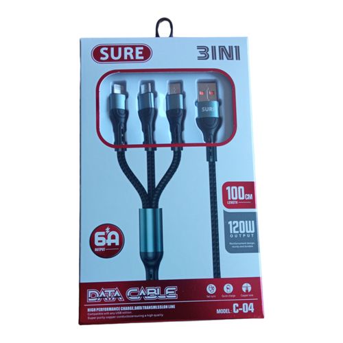 3 IN 1 USB Fast Charging And Data Cable 100CM Original High Quality Universal Charger Cable - Black