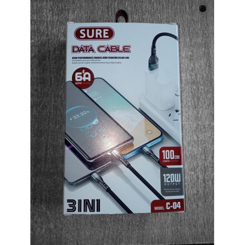 3 IN 1 USB Fast Charging And Data Cable 100CM Original High Quality Universal Charger Cable - Black