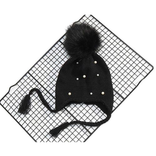 Autumn Winter Baby Boy Girls Hat Hair Ball Earbud Crochet Winter Warm Hats Babies Kids Knit Hats Cap New,Black NO5112