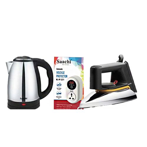 Saachi Non Stick Dry Flat Iron+Original 2L Stainless Electric Kettle+ 15 Amps TV Guard / Fridge Guard / Power Guard.
