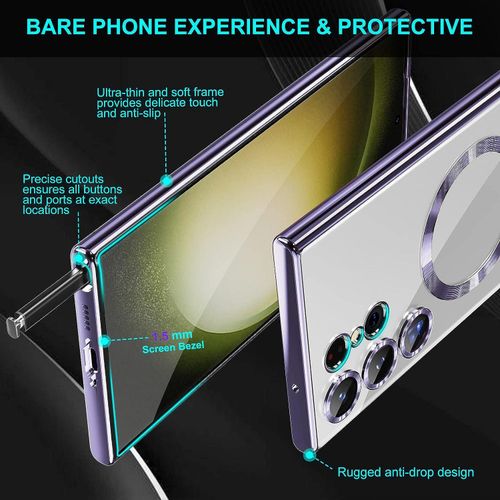 Plating Magsafe Case For Samsung Galaxy S23 Ultra Wireless Charging Magnetic Transparent Case With Lens Protection Cover