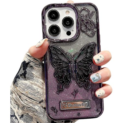 iPhone 15 ,14 ,13 ,12 ,11 Pro Max, Luxury Glitter Cute 3D Hollow Clear Purple Electroplate Butterfly Phone Cover with Hold Stand-Purple