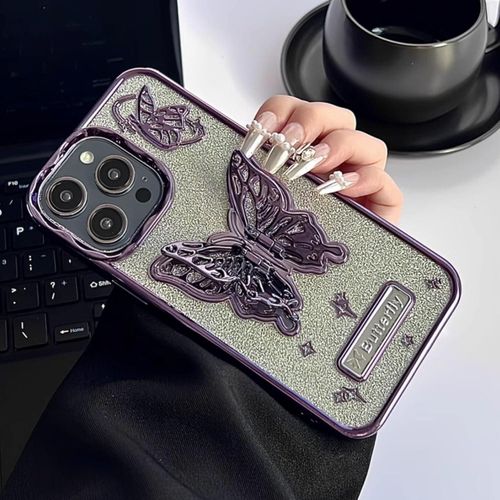 iPhone 15 ,14 ,13 ,12 ,11 Pro Max, Luxury Glitter Cute 3D Hollow Clear Purple Electroplate Butterfly Phone Cover with Hold Stand-Purple