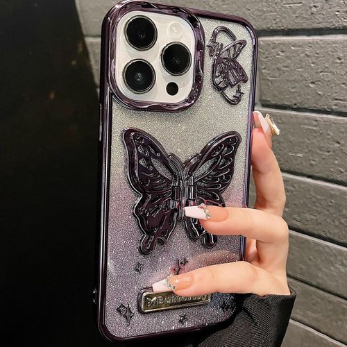iPhone 15 ,14 ,13 ,12 ,11 Pro Max, Luxury Glitter Cute 3D Hollow Clear Purple Electroplate Butterfly Phone Cover with Hold Stand-Purple