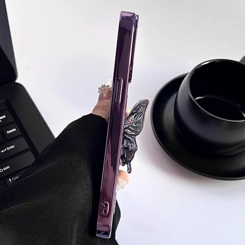 iPhone 15 ,14 ,13 ,12 ,11 Pro Max, Luxury Glitter Cute 3D Hollow Clear Purple Electroplate Butterfly Phone Cover with Hold Stand-Purple