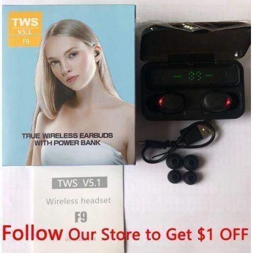 F9 Earbuds Wireless Headsets Bluetooth Earphones With 2000mAh Battery-Black Xl