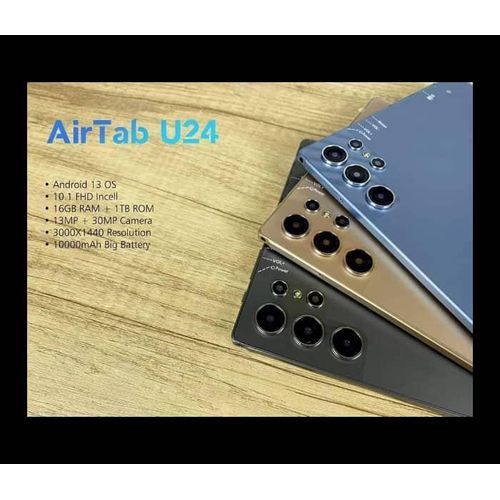 AirTab U24 PRO  Android 13 OS  10.1 FHD Incell  16GB RAM + 1TB ROM  13MP + 30MP Camera  3000X1440 ResolutionI MMERSIVE Screen 10000mAh Big Battery 5g Tablet- Multicolor.