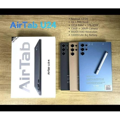 AirTab U24 PRO  Android 13 OS  10.1 FHD Incell  16GB RAM + 1TB ROM  13MP + 30MP Camera  3000X1440 ResolutionI MMERSIVE Screen 10000mAh Big Battery 5g Tablet- Multicolor.