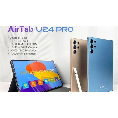 AirTab U24 PRO  Android 13 OS  10.1 FHD Incell  16GB RAM + 1TB ROM  13MP + 30MP Camera  3000X1440 ResolutionI MMERSIVE Screen 10000mAh Big Battery 5g Tablet- Multicolor.