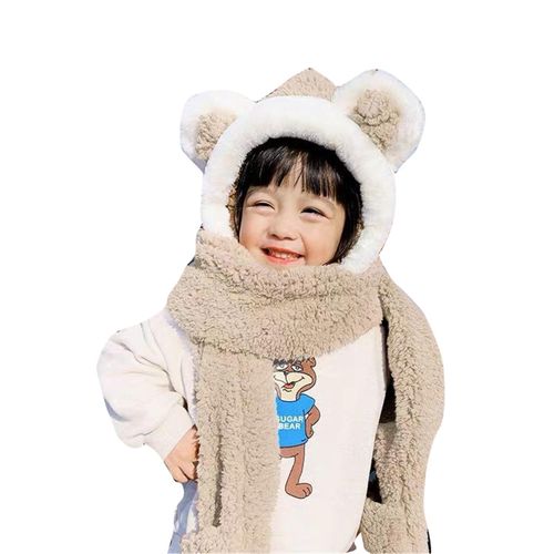 Kids Boys Girls 3 in 1 Warm Plush Fluffy Cartoon Winter Hats Scarf Mitten Gloves Set Winter Supply Adorable,Beige NO5114