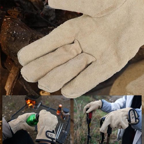 Camping Gloves Cowhide Leather Gloves Heat/Fire Resistant Mittens Outdoor Warm Gloves For BBQ Oven Fireplace NO5116