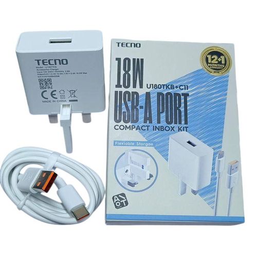 Tecno 18W U180TKA + C11 Fast Charger Kit TYPE C- Colors May Vary