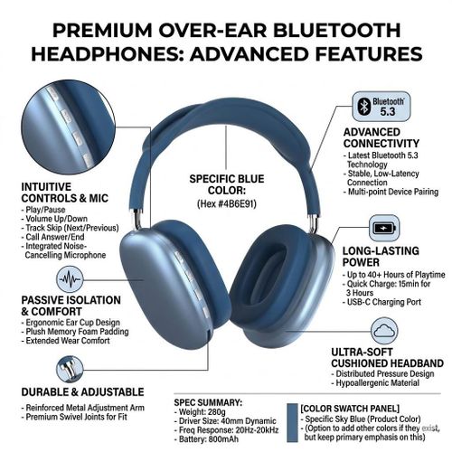 Extreme Bass  Wireless Bluetooth Headphones Over the Ear - Blue